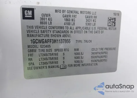 2017 Chevrolet Express 2500 Work Van from USA, damaged, VIN 1GCWGAFF3H1137866